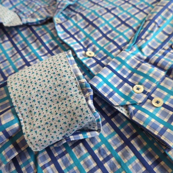 Bugatchi Men’s Blue Plaid Long Sleeve Flip Cuff Button up Shirt - Picture 10 of 14